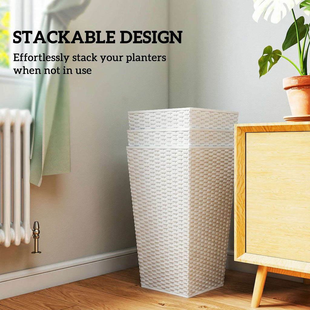 Tall Planters for Outdoor Plants, Set of 3, 24" White Rattan-Style Tapered Plant Pots with Drainage Holes