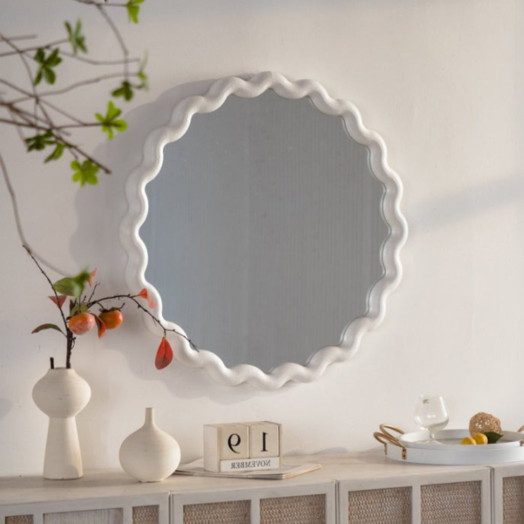 White Scalloped Round Wall Mirror, 28 in. Wavy MDF Frame for Living Room, Bedroom and Bathroom Decor