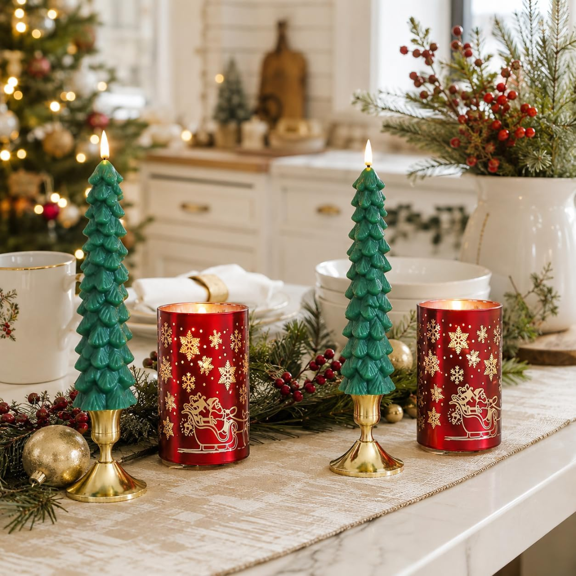 Christmas Flameless Candles With Remote, Set of 4 Green Tree Tapers and Red Glass Snowflake Pillars, Battery Operated LED Holiday Decor