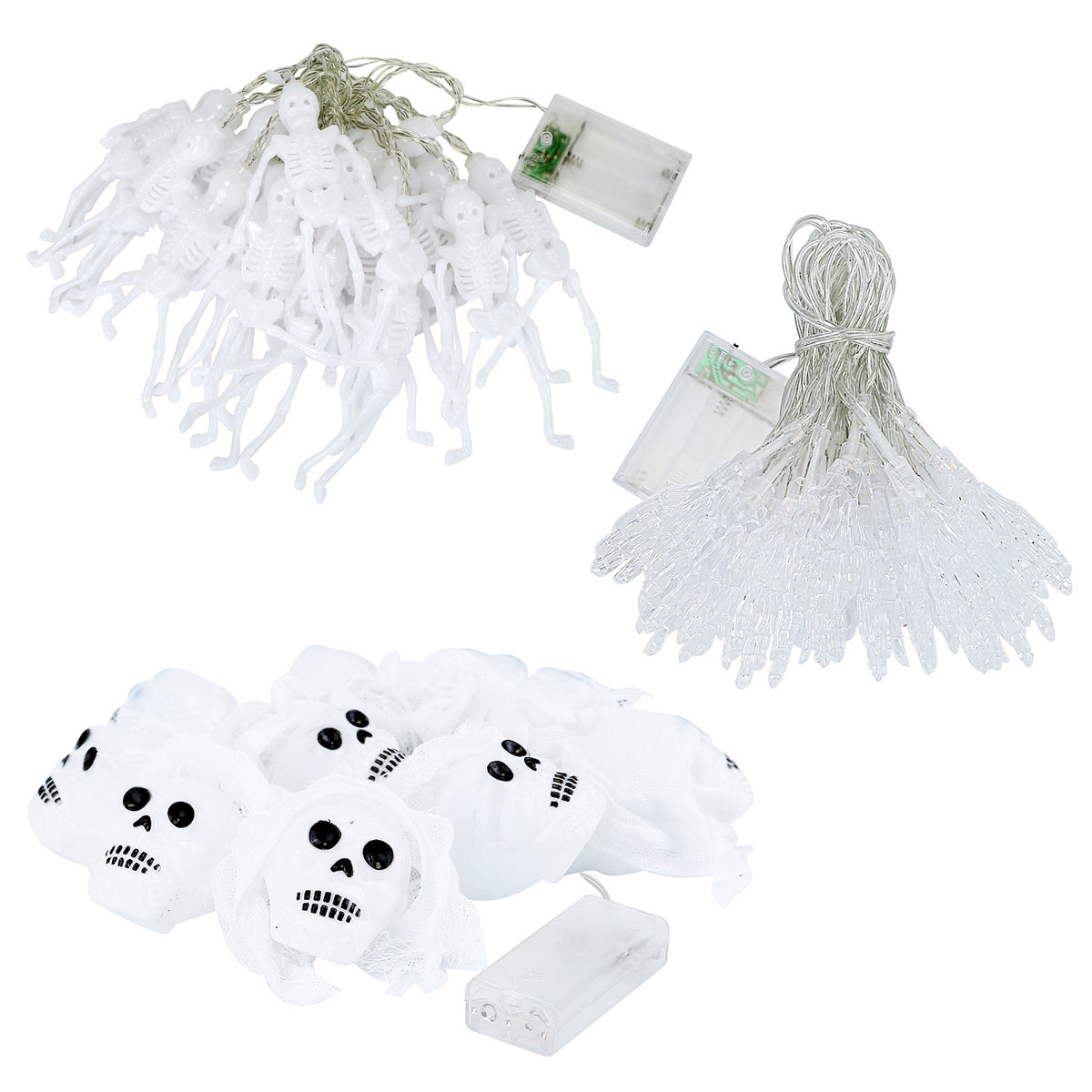 Halloween String Lights Set of 3, 50 LED 24 ft Skeleton, Skull and Spooky Hand Lights, Battery Operated Indoor Outdoor Decor