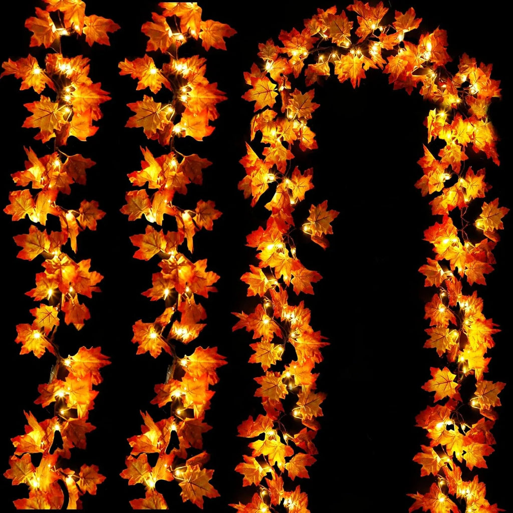 Fall Maple Leaf Garland String Lights, 3 Pack, 30 Ft, 60 Warm White LEDs, Battery Operated With Timer, Indoor and Outdoor Autumn Decor
