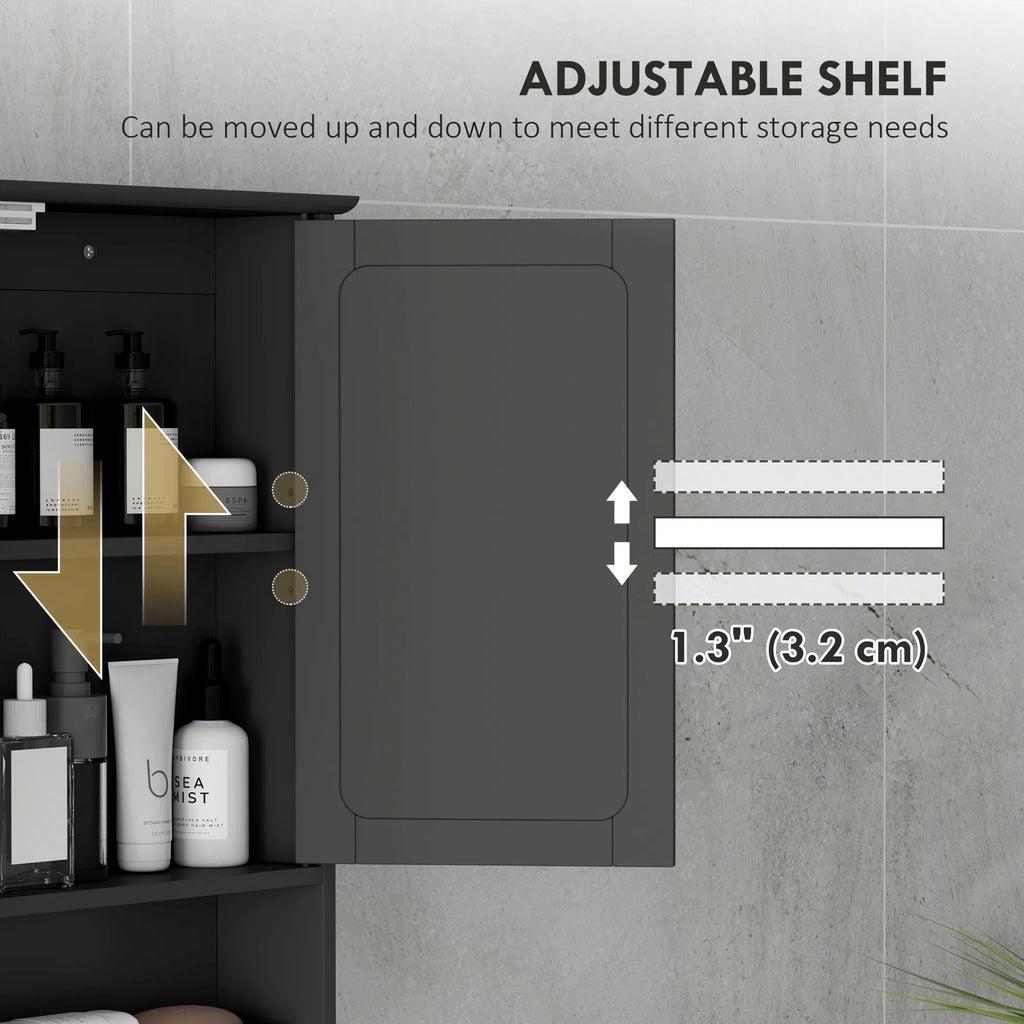 Wall-Mounted Bathroom Mirror Cabinet with Double Doors, Adjustable Shelf and Open Shelf, Black Medicine Cabinet, 22" x 22.75"