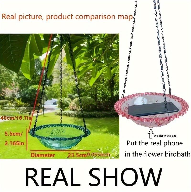 Hanging Bird Bath and Feeder Bowl, Embossed Floral Plastic Birdbath With Metal Chain for Garden and Yard, Grey or Purple