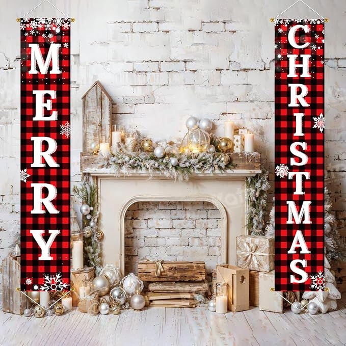 Merry Christmas Porch Sign Set, 2 Red and Black Buffalo Plaid Snowflake Door Banners, 71" x 13" Hanging Yard Decor