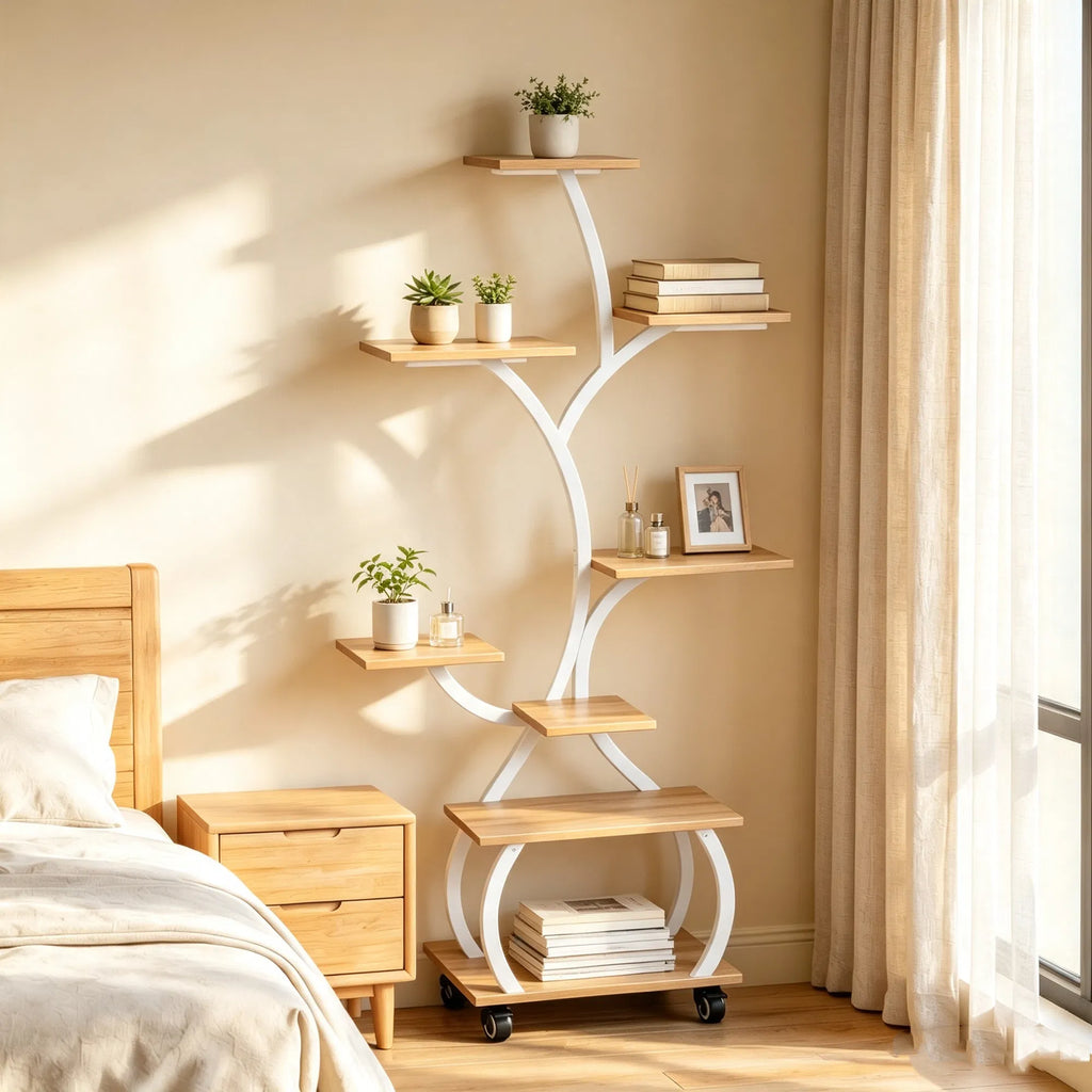 Tree Shaped Plant Stand with Full Spectrum LED Grow Light, White Metal 8-Tier Indoor Plant Shelf with Lockable Wheels, 48 Inches