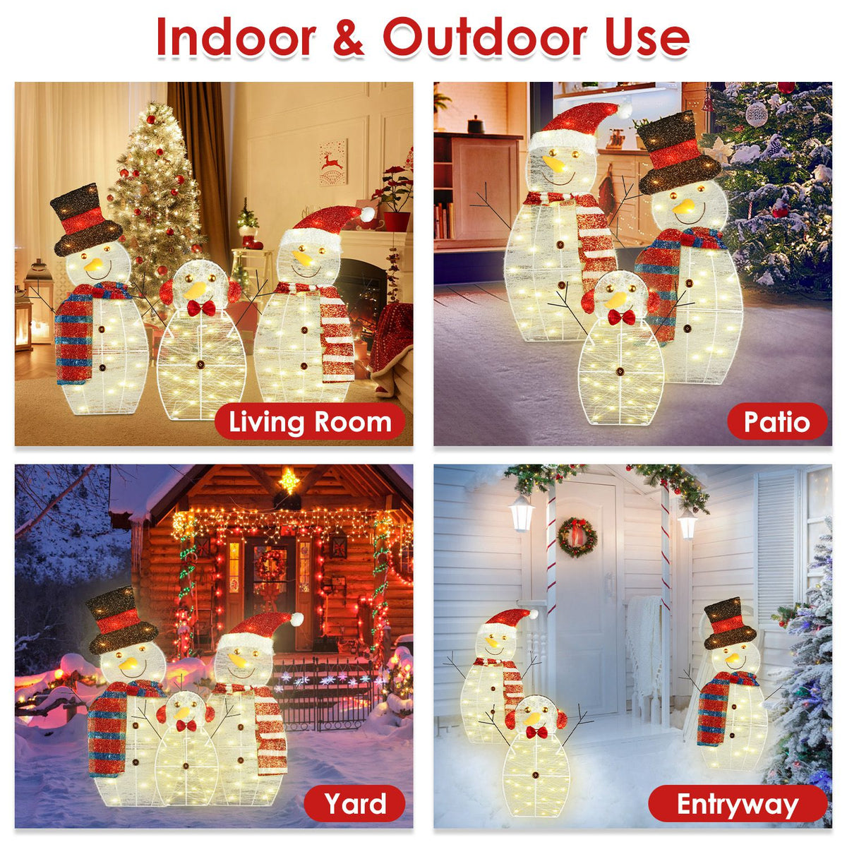 Lighted Snowman Family Yard Decoration, 3 Piece 2D Christmas Snowmen With 60 Warm White LED Lights, Indoor Outdoor Display