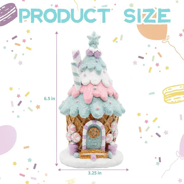 Gingerbread House Christmas Decoration, Pastel Pink and Blue Resin Tabletop Village House Decor