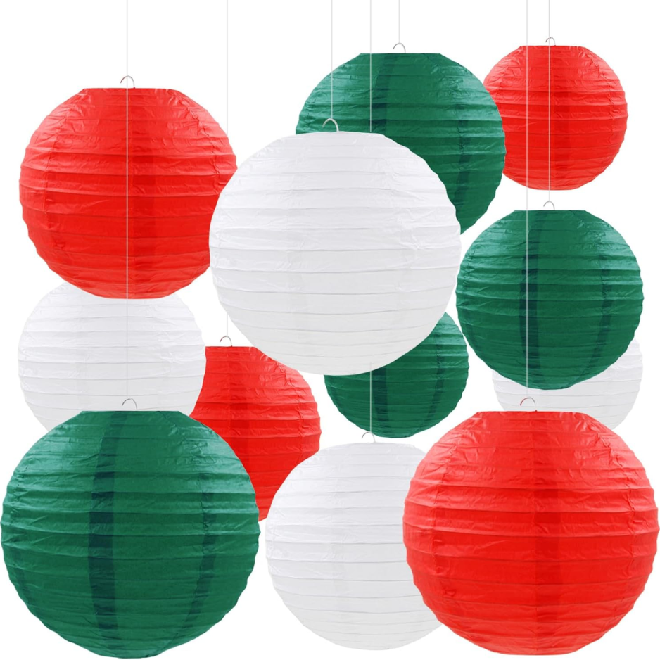 Christmas Paper Lanterns, 12 Pack Red Green White Hanging Lanterns in 4 Sizes for Holiday Party Decor