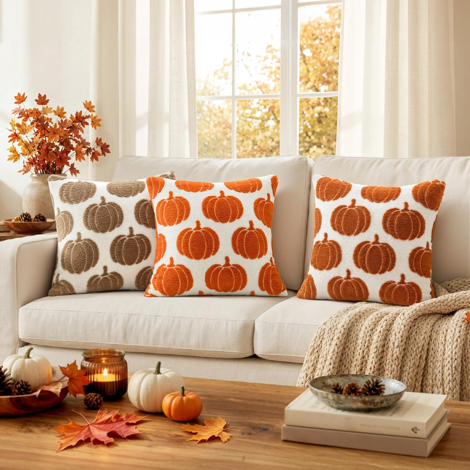 Pumpkin Throw Pillow Covers, Set of 2, 18x18 Orange Plush Fall Decor Cushion Cases