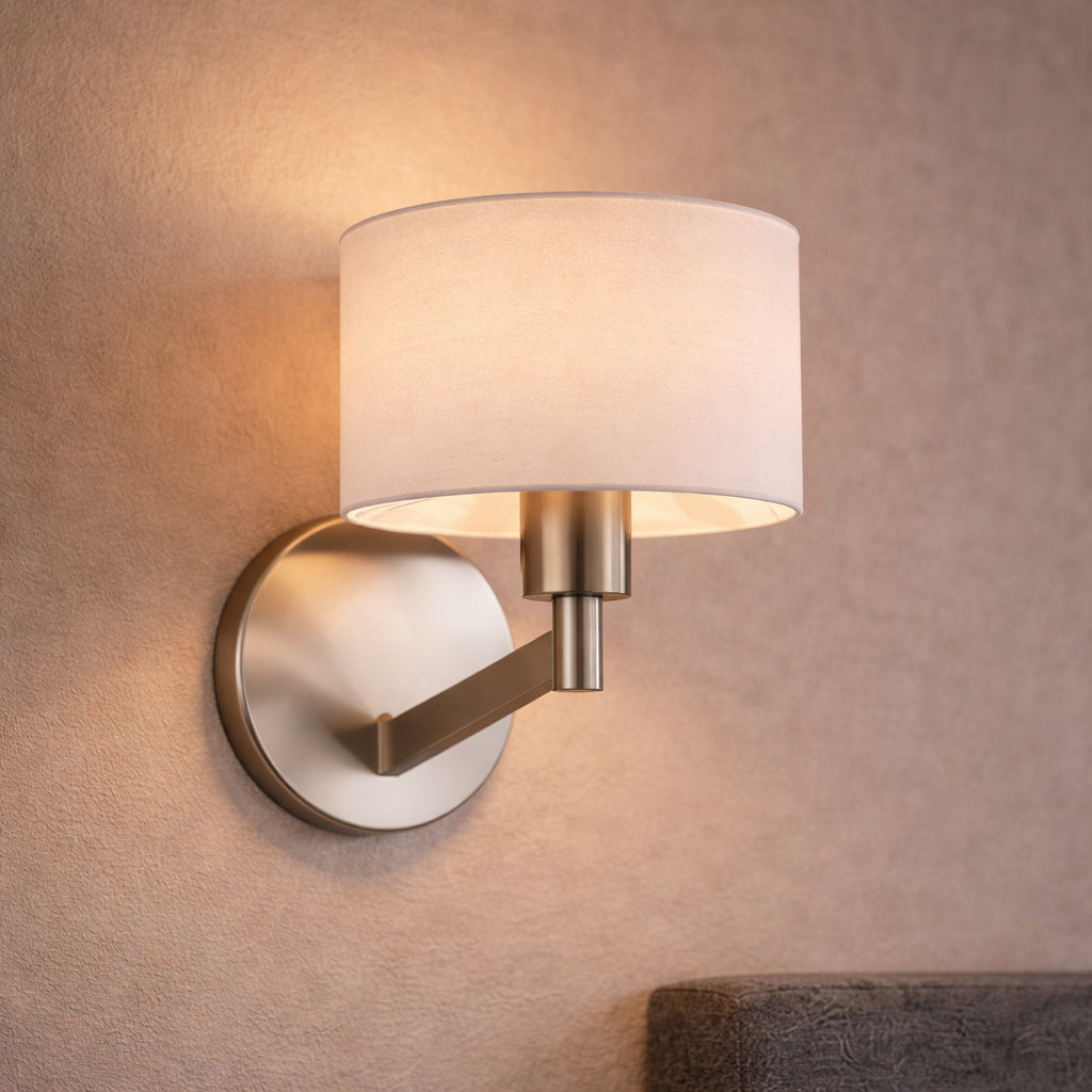 Brushed Nickel Wall Sconce With White Fabric Drum Shade and Rotary Switch, Modern 1-Light Wall Lamp
