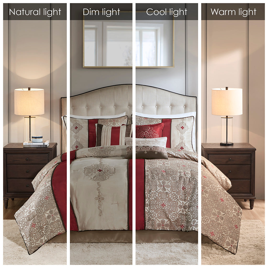 Queen 7 Piece Jacquard Comforter Set With Throw Pillows, Red and Tan Polyester Bedding