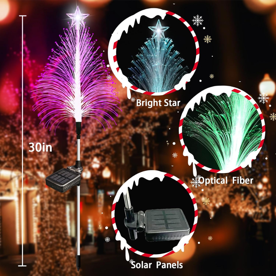 Solar Christmas Tree Stake Lights, 3 Pack Color Changing Fiber Optic Outdoor Garden Path Lights
