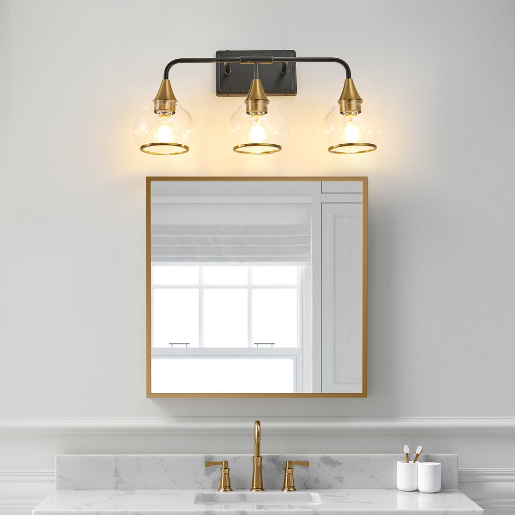 3-Light Bathroom Vanity Light, Black and Gold Wall Sconce With Clear Glass Shades, 23 in. Modern Industrial Fixture
