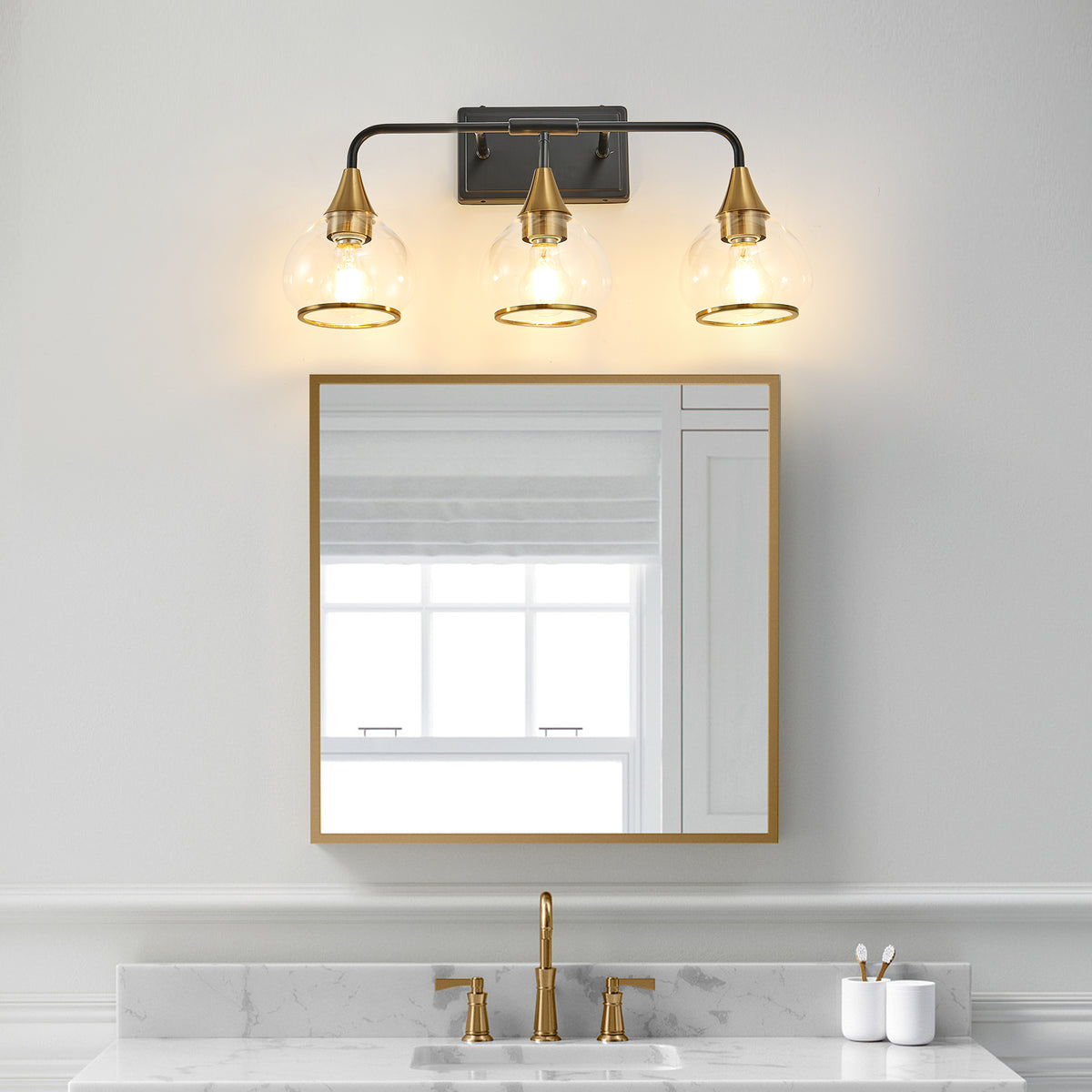 3-Light Bathroom Vanity Light, Black and Gold Wall Sconce With Clear Glass Shades, 23 in. Modern Industrial Fixture