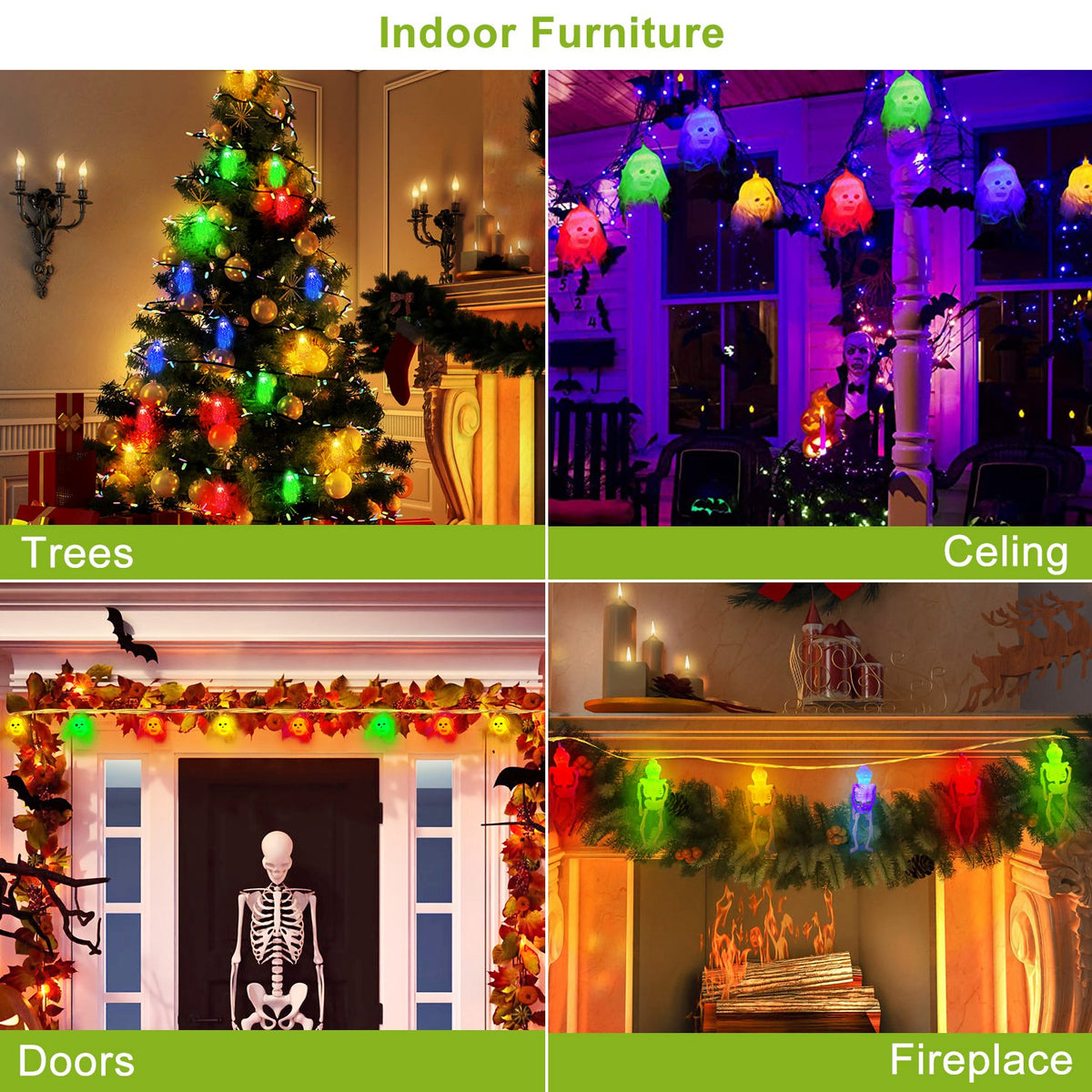 Halloween String Lights Set of 3, 50 LED 24 ft Skeleton, Skull and Spooky Hand Lights, Battery Operated Indoor Outdoor Decor