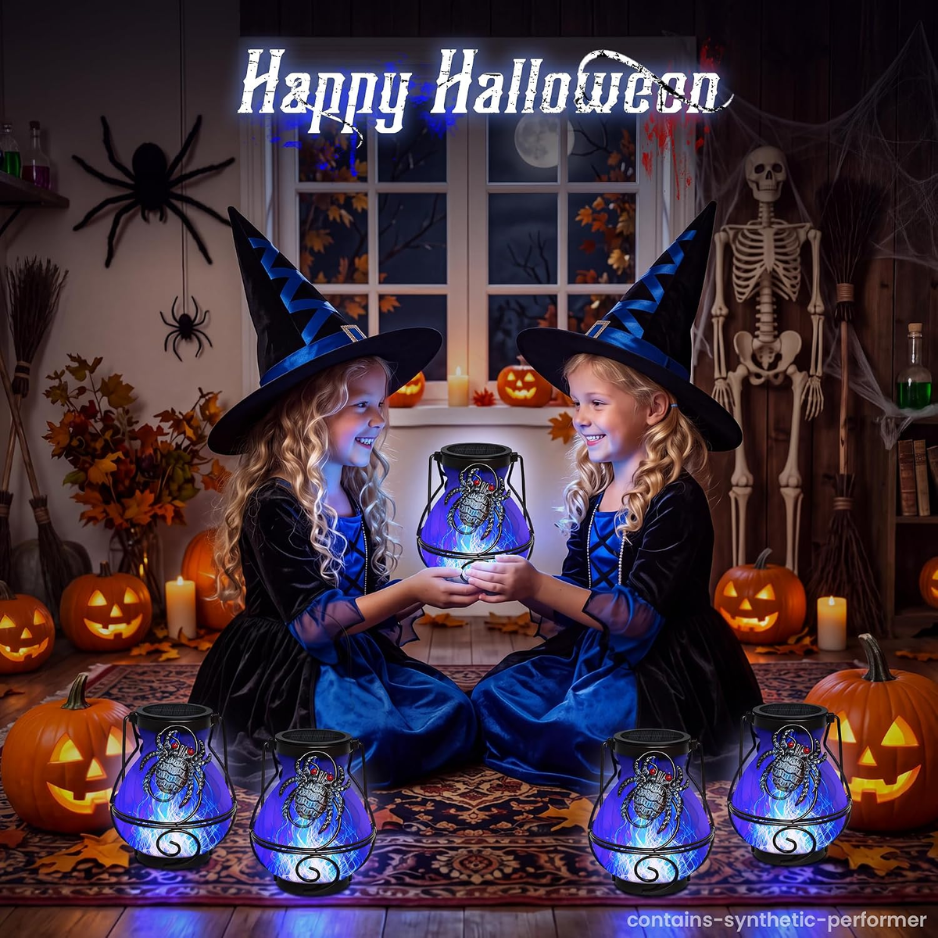 Halloween Solar Spider Lanterns, 2 Pack Hanging Outdoor Lights With Flickering Blue Flame, Waterproof Patio Decor