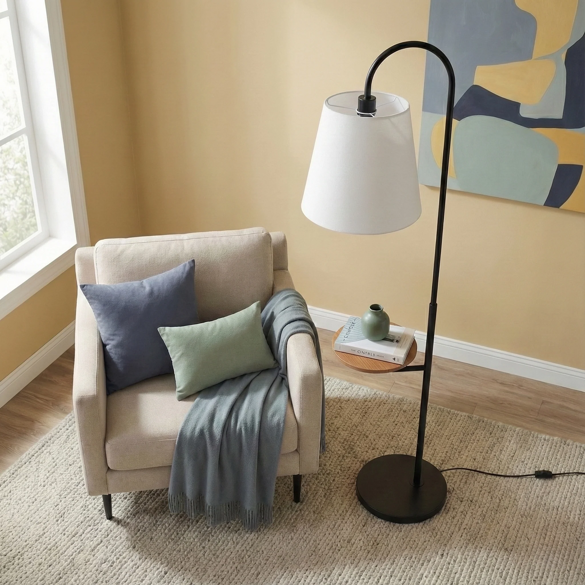Arched Floor Lamp With Wood Side Table, Black Metal Base and White Linen Shade, 60 in.