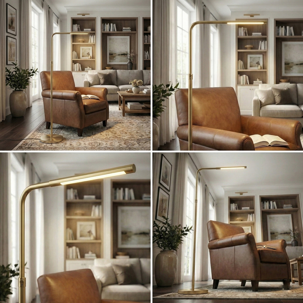 LED Floor Lamp With Adjustable Height, Brass Gold Metal Reading Lamp With On/Off Switch, 63 in.