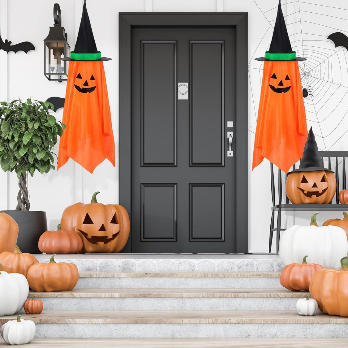 Hanging Pumpkin Witch Hat Halloween Decorations, Set of 2 Orange Jack-O'-Lantern Ornaments for Porch, Yard, Tree, and Party