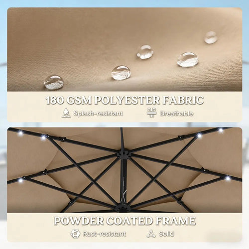 9.7 Ft Patio Umbrella with 32 Solar LED Lights, Khaki Tilting Outdoor Market Umbrella with Crank, Base Not Included