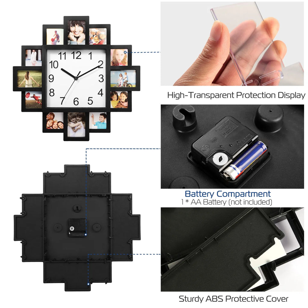 Photo Frame Wall Clock With 12 Picture Display Slots, Black ABS Collage Clock for Living Room, Bedroom, or Office, 15.35 In
