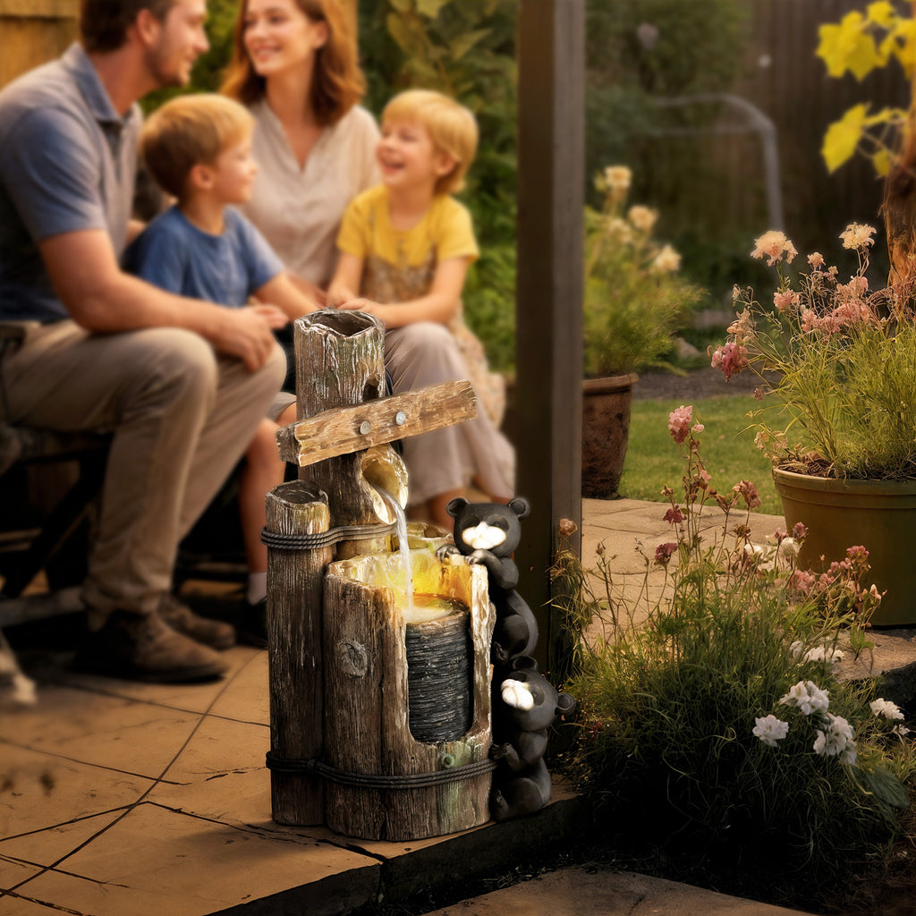 3-Tier Outdoor Water Fountain, 22.8" Resin Climbing Bears Log Waterfall with LED Lights and Pump, Brown