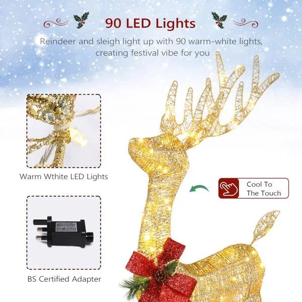 Lighted Christmas Reindeer Outdoor Decoration, 4 Ft Pre-Lit Gold Glitter Deer With 90 Warm White LED Lights, Stakes and Zip Ties