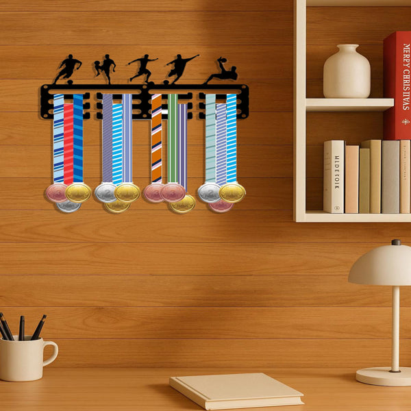 Soccer Medal Hanger Display Rack, Black Metal Wall-Mounted Sports Medal Holder with Player Silhouettes