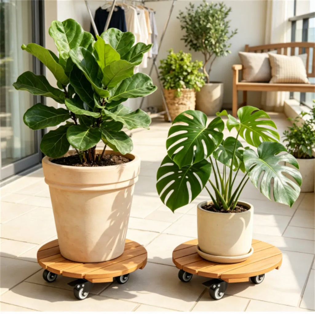 Rolling Plant Caddy Set of 4, 12" Round Acacia Wood Plant Stands With Locking Wheels, Natural Finish