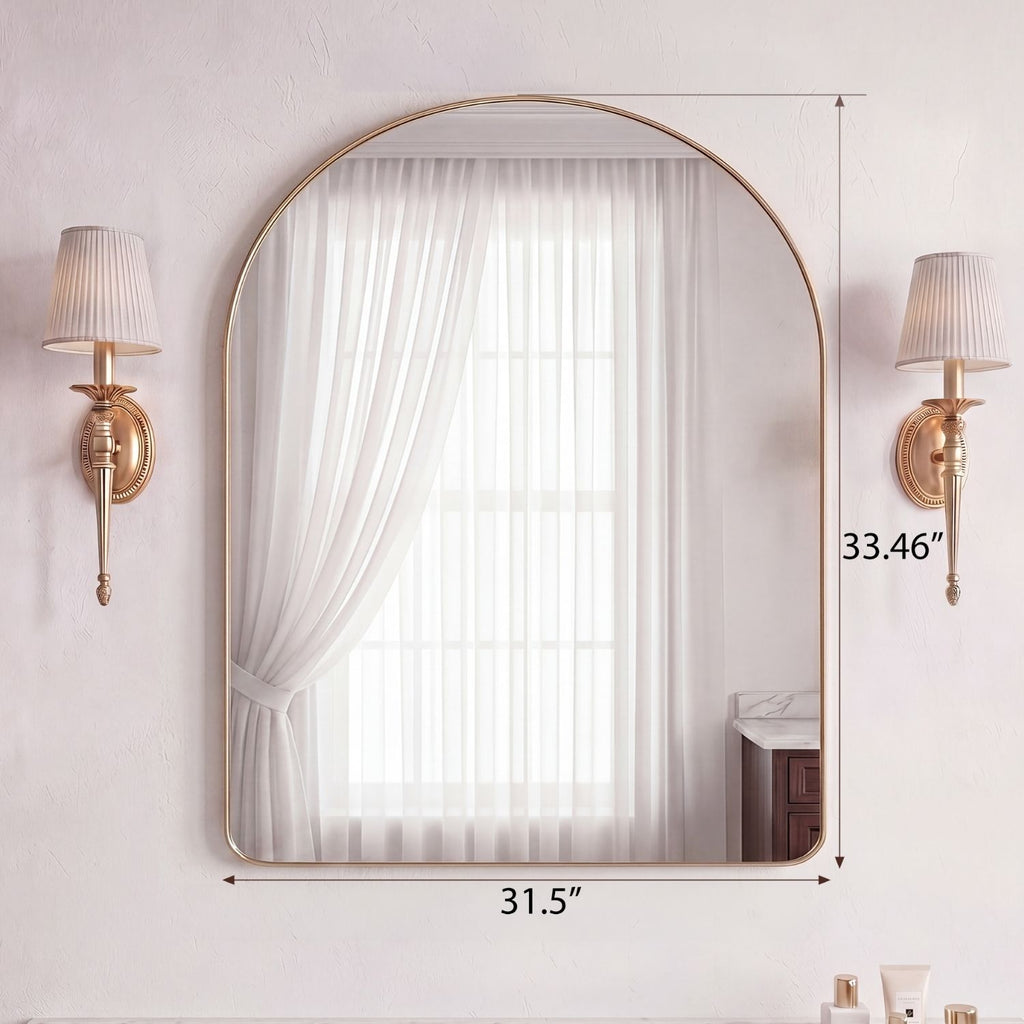 Arched Wall Mirror with Matte Metal Frame, Black or Gold, Modern Bathroom Vanity Mirror for Living Room and Entryway