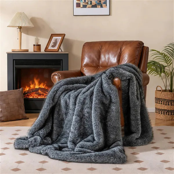 Faux Fur Throw Blanket, Gray Double-Sided Fleece Lined Twin Blanket, 60" x 80"