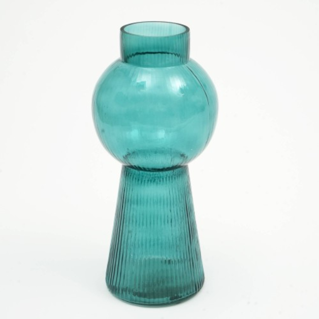 Ribbed Glass Vase, 5 x 12 Inch Tall Teal Green Decorative Flower Vase for Floral Arrangements and Centerpieces