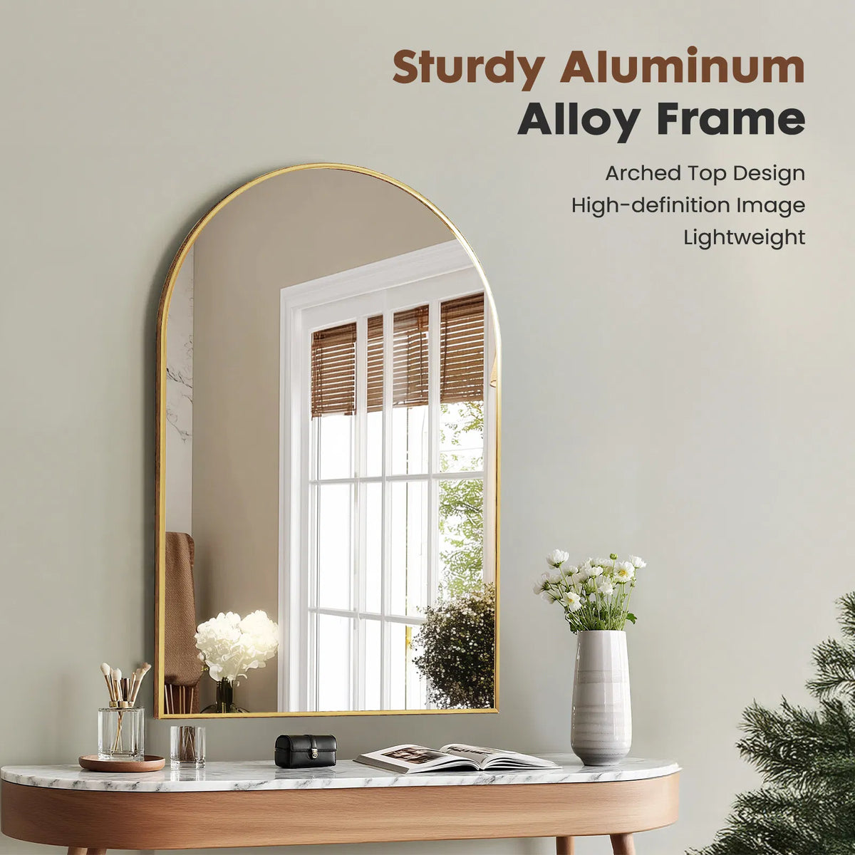 Arched Wall Mirror, Aluminum Alloy Frame Vanity Mirror for Bathroom, Bedroom, Entryway and Living Room, Black or Gold
