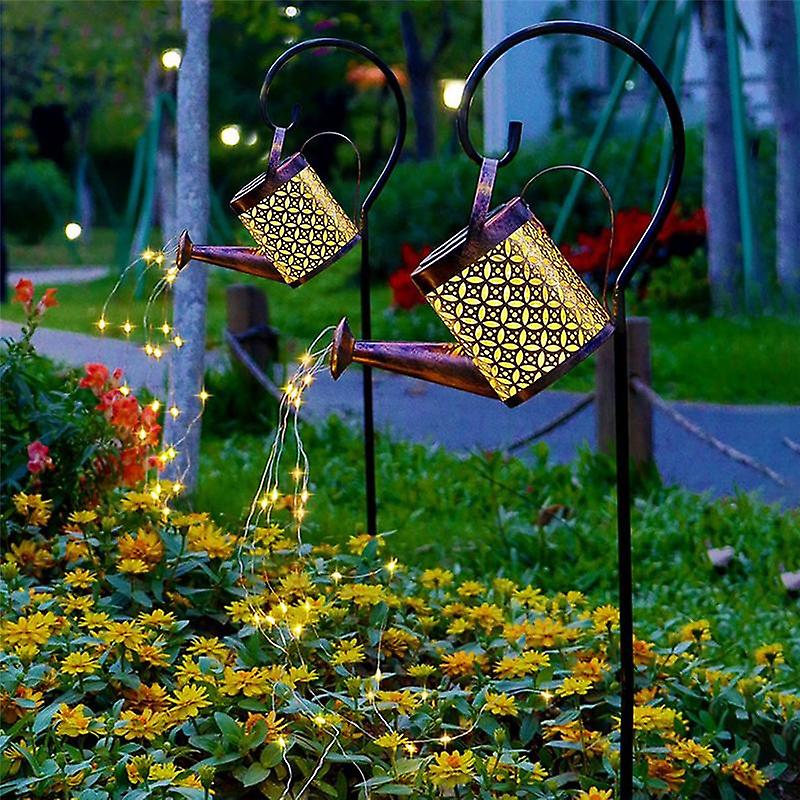Solar Watering Can Lights With Cascading String Lights, 2 Pack Metal Garden Stake Lanterns