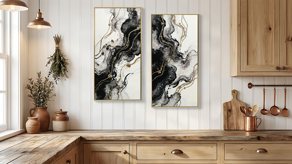 Large Framed Abstract Wall Art, Set of 2 Black White and Gold Canvas Prints, 20 x 40 In Hand-Painted Modern Decor