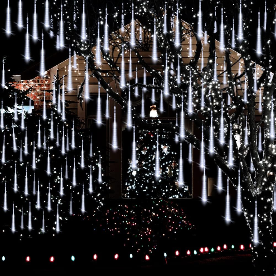 Meteor Shower Lights Outdoor, 8 Tubes 192 LED Falling Rain Icicle String Lights, 12 Inch Cascading Snow Lights, White
