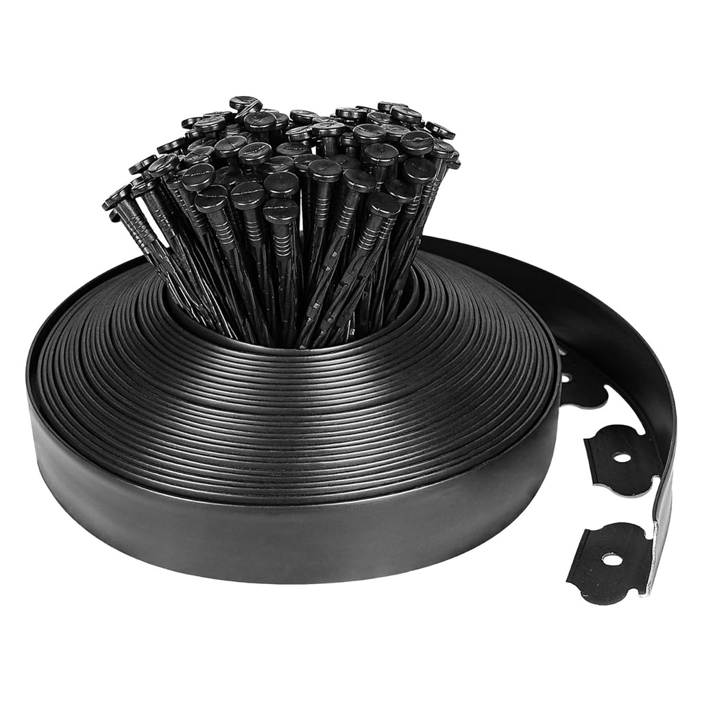 No-Dig Garden Edging Kit, Black Flexible Plastic Landscape Border with Stakes, 32.8, 60 or 100 ft