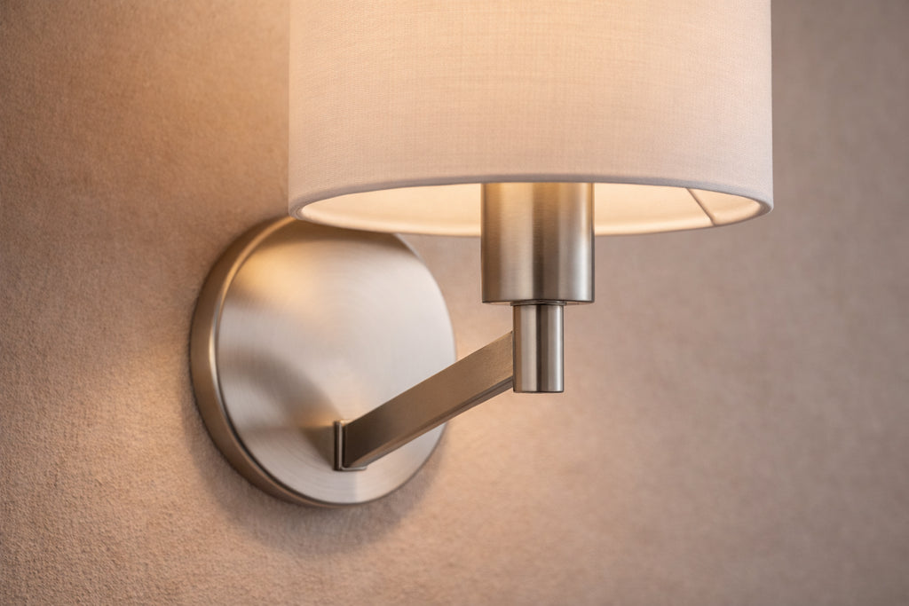 Brushed Nickel Wall Sconce With White Fabric Drum Shade and Rotary Switch, Modern 1-Light Wall Lamp