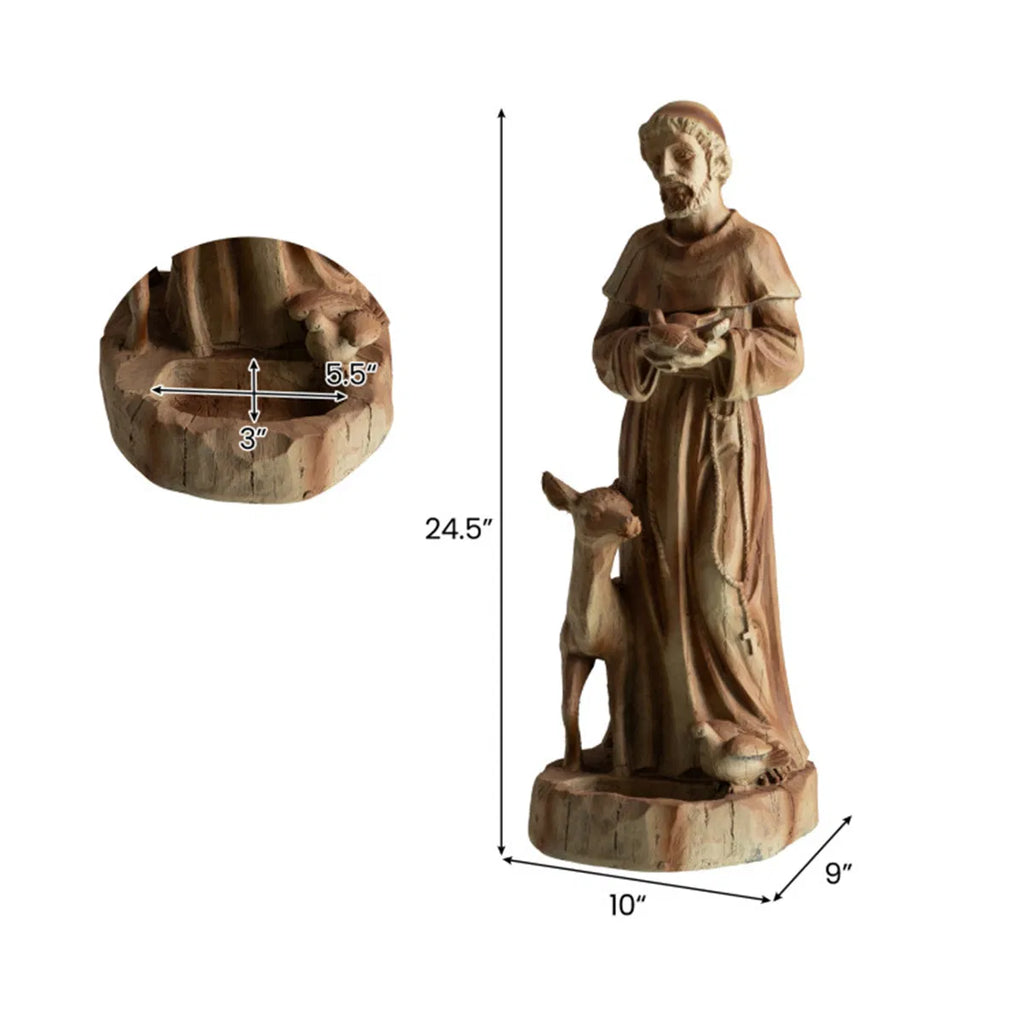 Saint Francis Garden Statue With Built-In Bird Feeder, 24.5" Brown Magnesium Oxide Outdoor Sculpture