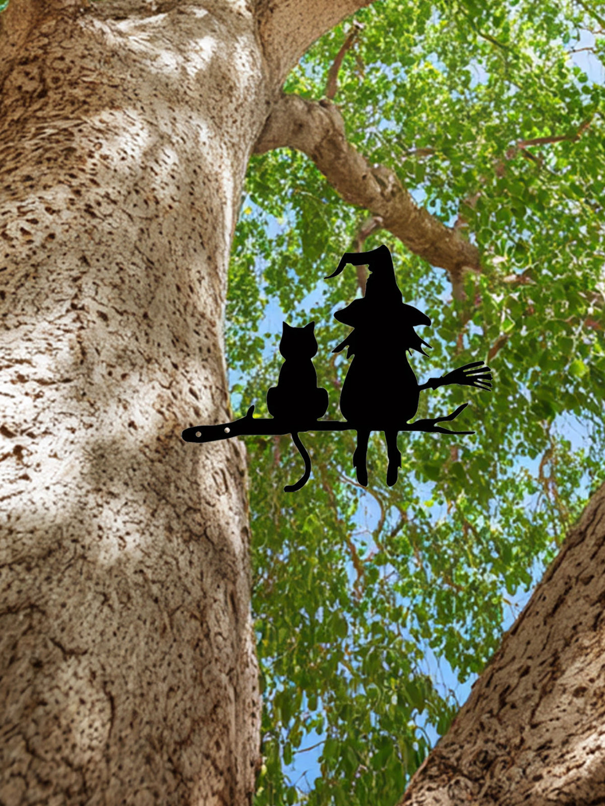 Witch and Cat Metal Silhouette Garden Stake, Black Tree Branch Yard Art Decor