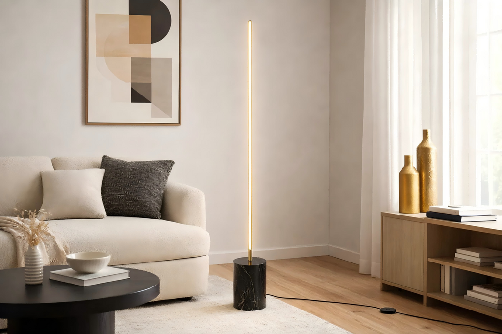 Modern LED Floor Lamp, 64 in. Brass Gold Tube With Faux Marble Base and Cord Switch