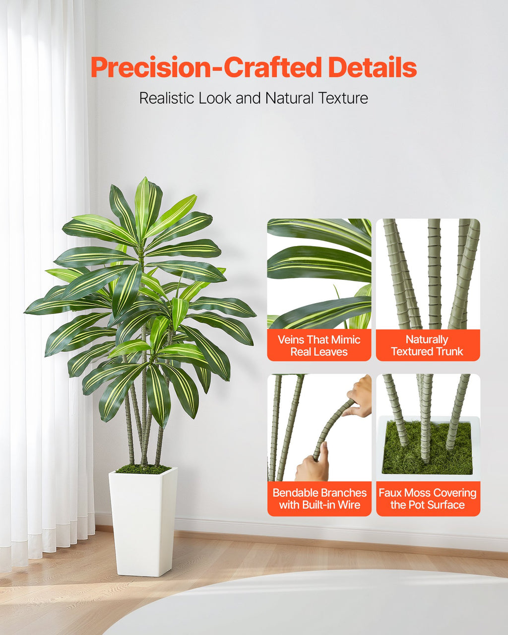 Artificial Dracaena Tree 5 Ft With White Tall Planter, Faux Tropical Palm Plant for Home and Office Decor