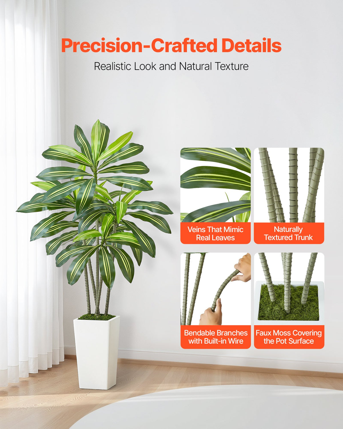 Artificial Dracaena Tree 5 Ft With White Tall Planter, Faux Tropical Palm Plant for Home and Office Decor