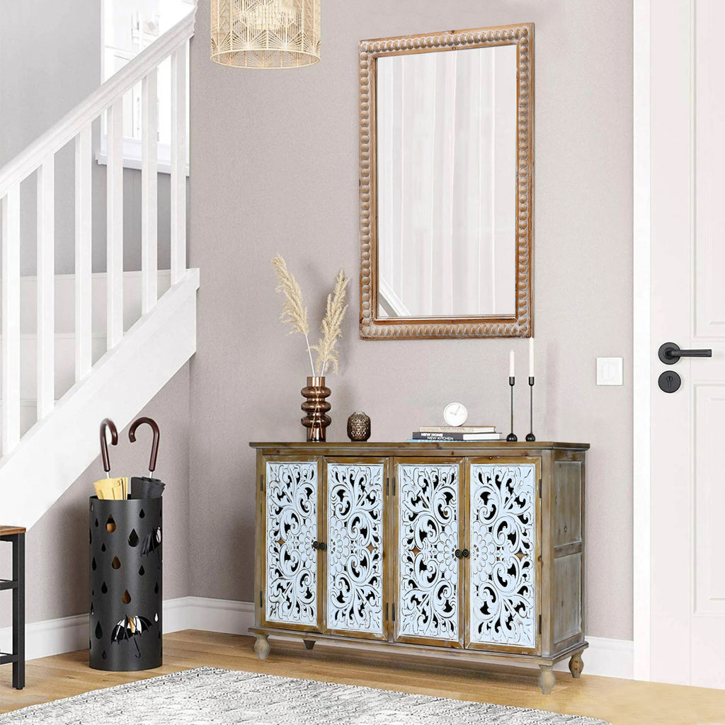 Beaded Wood Frame Wall Mirror, 22 x 30 Inch Rectangle Farmhouse Vanity Mirror in Antique Natural
