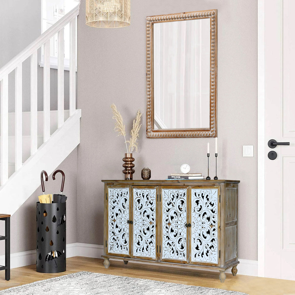 Beaded Wood Frame Wall Mirror, 22 x 30 Inch Rectangle Farmhouse Vanity Mirror in Antique Natural