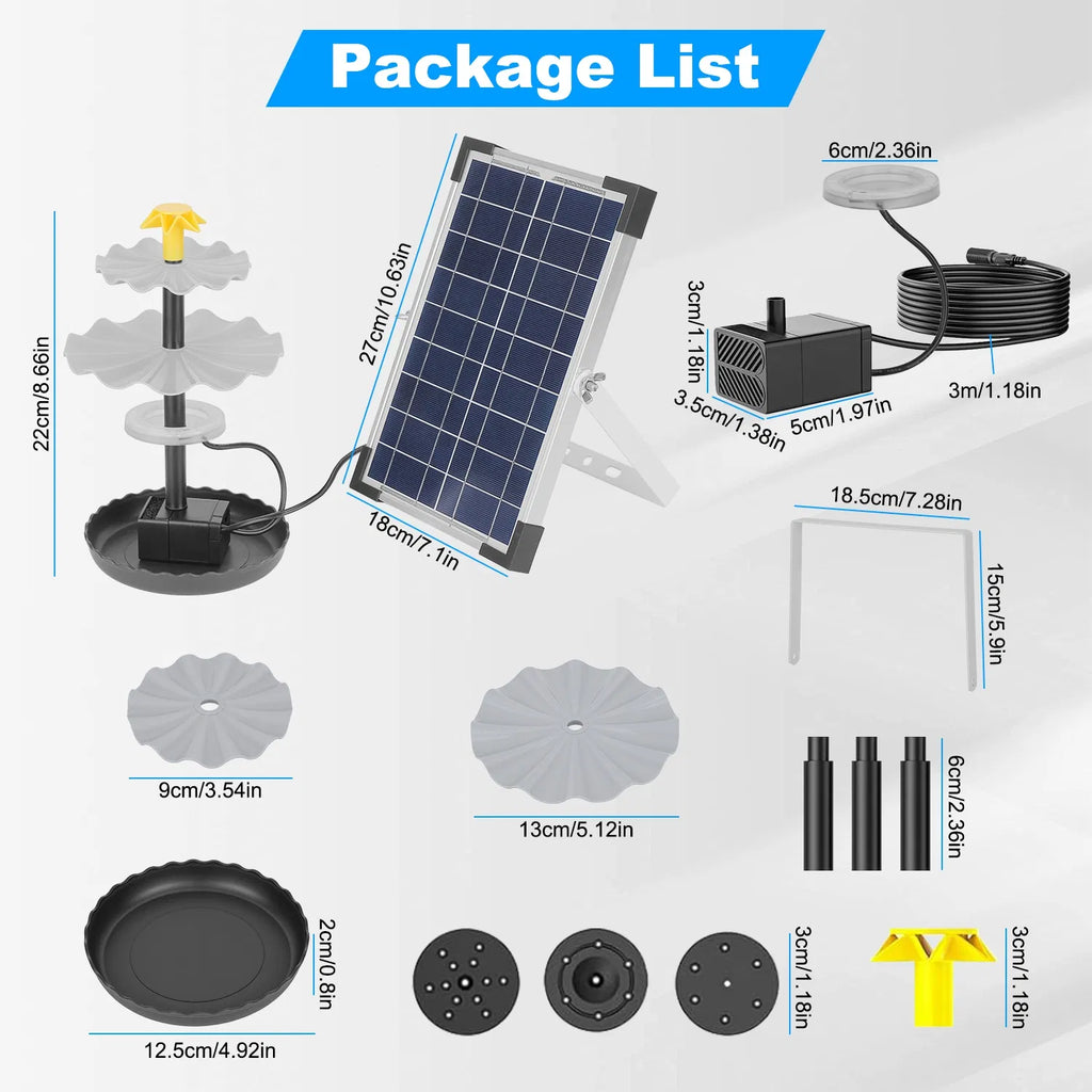 Solar Water Fountain Pump for Bird Bath, 6W Panel With Battery Backup, LED Lights, 3 Nozzles and 2-Tier Trays