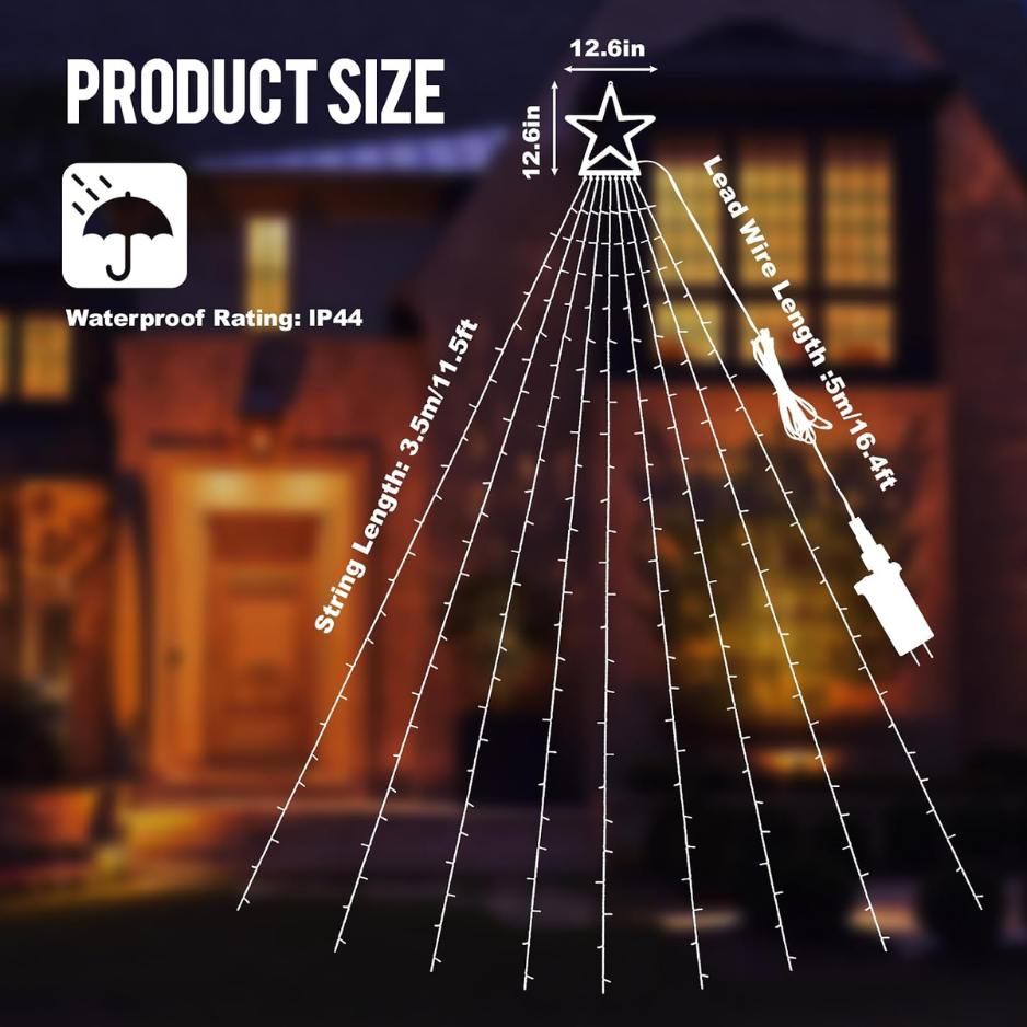 Christmas Tree Waterfall Lights, 317 LED Red and Green String Lights With Star Topper, 9 Strands, 11.5 ft, IP44 Outdoor