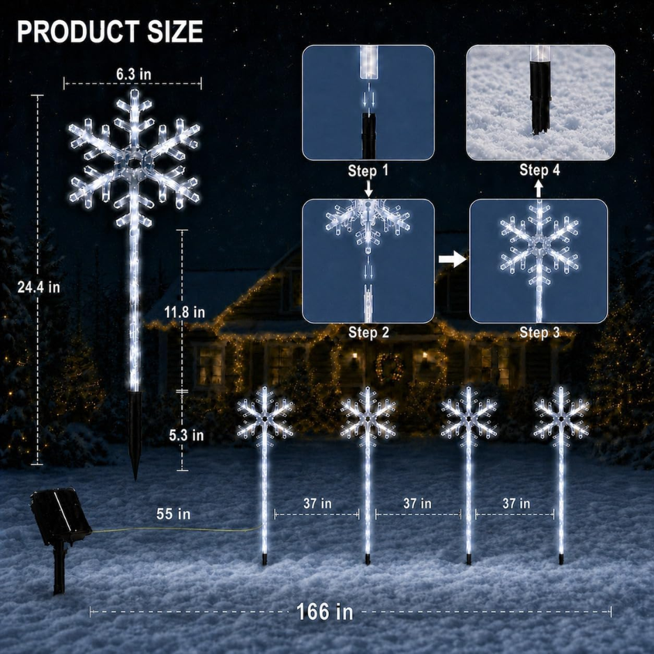 Solar Snowflake Pathway Lights, 4 Pack White LED Christmas Stake Lights for Yard and Walkway