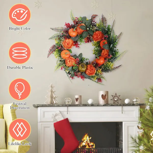 Autumn Wreath With Pumpkins, Berries and Flowers, 17.71" Fall Front Door Wreath for Indoor and Outdoor Decor