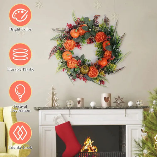 Autumn Wreath With Pumpkins, Berries and Flowers, 17.71" Fall Front Door Wreath for Indoor and Outdoor Decor